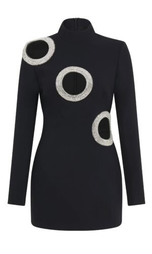London Black Cut Out Long Sleeve Rhinestone Mini Dress