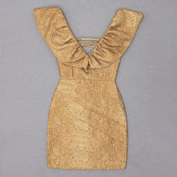 Michaela Gold Ruffle Sleeve Sparkly Mini Dress with Lace Up Back - Image 9