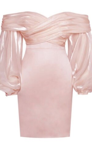 Naomi Pink Puff Long Sleeve Draped Satin Dress