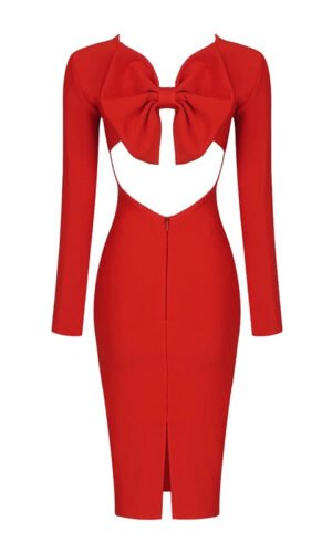 Adaline Red Long Sleeve Bow Backless Midi Dress