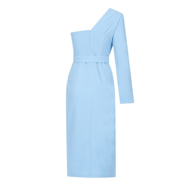 Kaylin One Sleeve Blue Asymmetrical Slit Over Knee Dress - Image 5