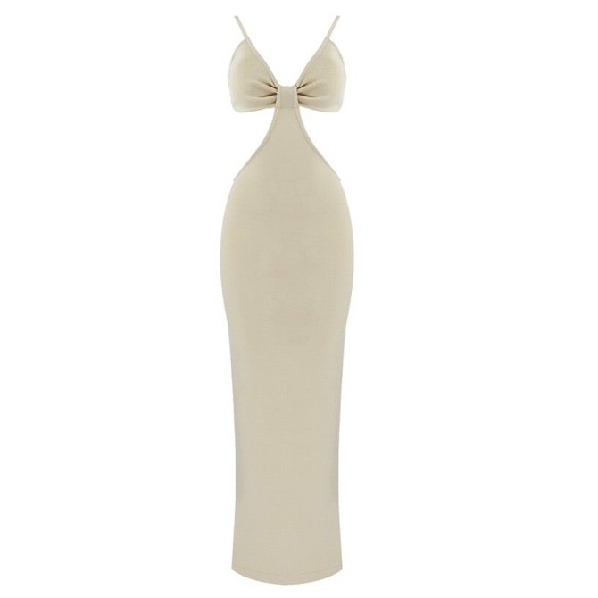 Antonella Beige Spaghetti Strap Midi Dress with Cutout Details