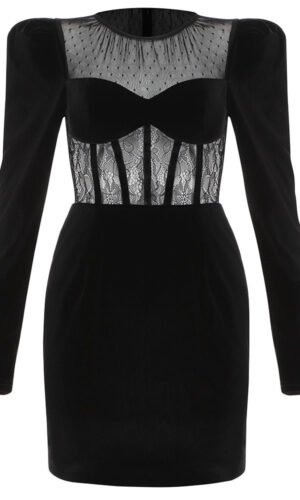 Hannah Black Long Sleeve Lace Velvet Dress