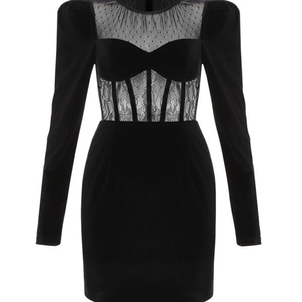 Hannah Black Long Sleeve Lace Velvet Dress