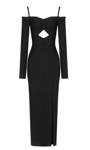 Gracie Long Sleeve Off Shoulder Black Midi Dress