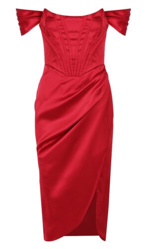 Daleyza Red Off Shoulder Strap Satin Midi Dress