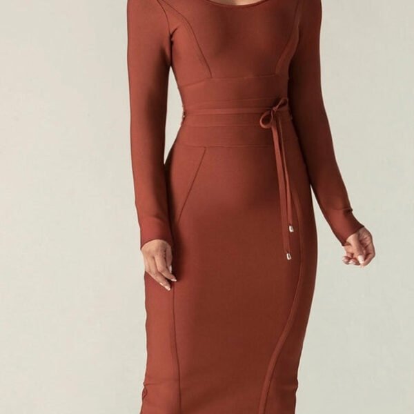 Gemma Brown Long Sleeve Round Neck Midi Dress