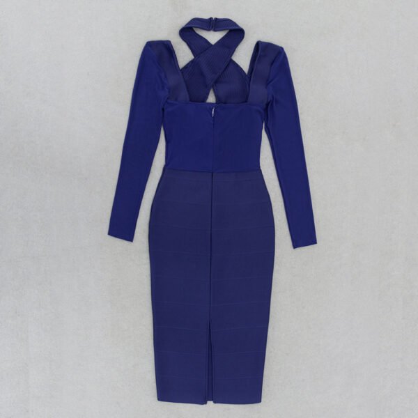 Aaliyah Blue Long Sleeve Structured Midi Dress with Halter Neckline - Image 5