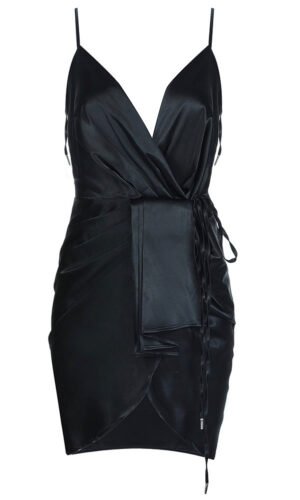 Lene Black Satin Strappy Wrap Mini Dress
