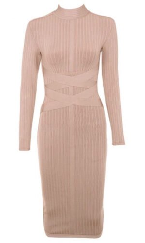 Devyn Round Neck Long Sleeve Ribbed Bandage Dress