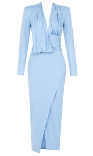 Raelynn Light Blue Draped Neckline Midi Dress