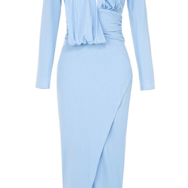 Raelynn Light Blue Draped Neckline Midi Dress