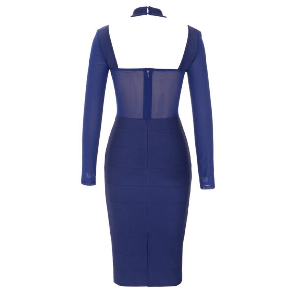 Aaliyah Blue Long Sleeve Structured Midi Dress with Halter Neckline - Image 3