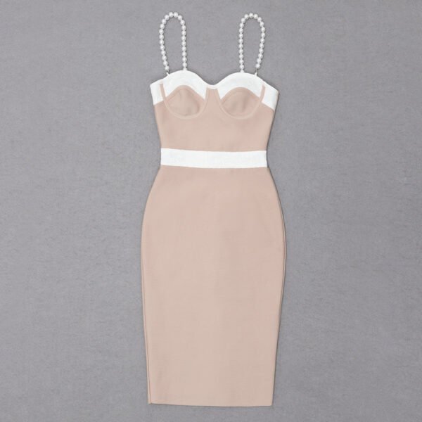 Cassandra Beige White Pearl Spaghetti Strap Midi Dress - Image 4