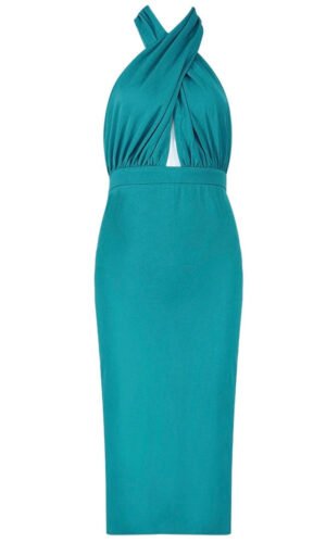 Lainey Turquoise Halter Cross Over Front Midi Dress