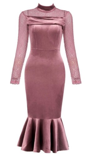 Claudette Pink Velvet Crochet Long Sleeve Fluted Midi Dress