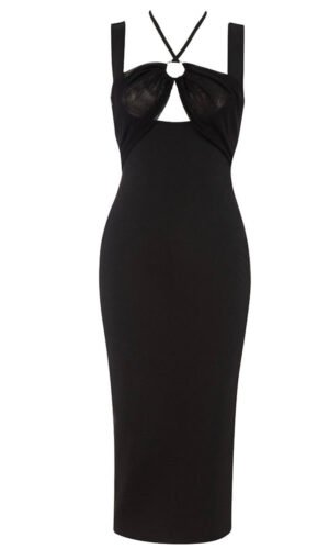 Saige Black Halter V Neck Midi Dress