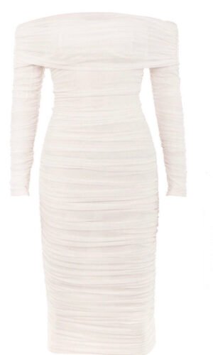 Paislee Off Shoulder Long Sleeve White Mesh Midi Dress