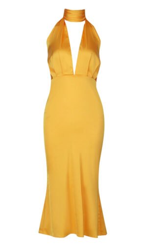 Louella Yellow Halter V Neck Midi Dress