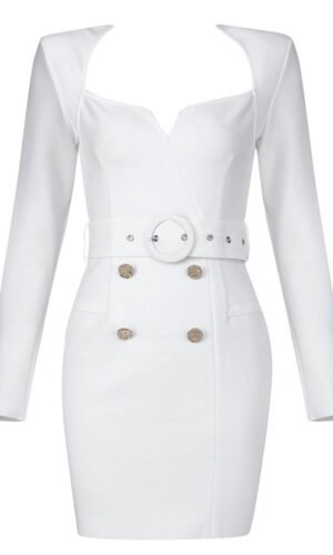 Kaz White Long Sleeve Mini Dress with Belt Detail