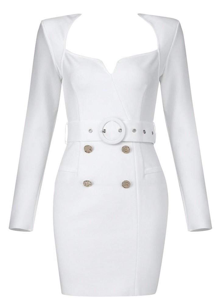 Kaz White Long Sleeve Mini Dress with Belt Detail