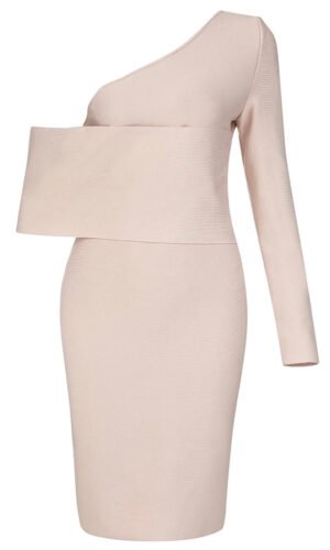 Hallie Beige One Sleeve Off Shoulder Mini Dress