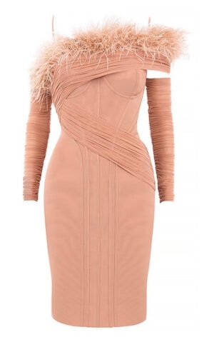 Violet Peach Long Sleeve Bardot Midi Dress