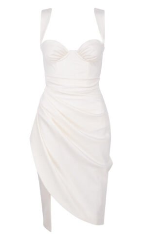 Maggie Draped White Satin Midi Dress