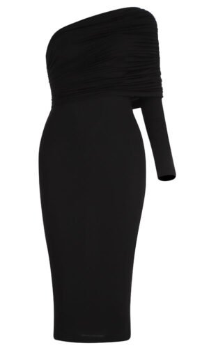 Alani Black Mesh One Sleeve Draped Midi Dress