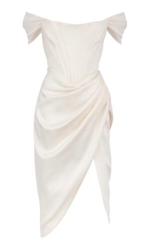 Daleyza White Off Shoulder Strap Satin Midi Dress