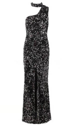 Kalista Black Halter Sequin Asymmetric Maxi Dress