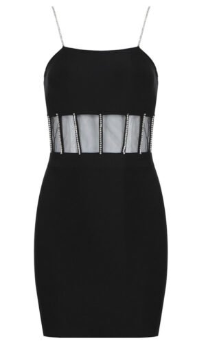 Naomi Black Spaghetti Strap Embellished Mini Dress with Mesh Insert