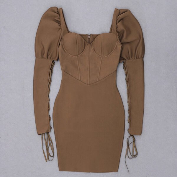 Lorelai Brown Lace Long Sleeve Lace Up Mini Dress - Image 8