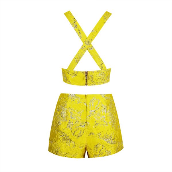 Noelle Yellow Jacquard V Neckline Shorts Suit - Image 2