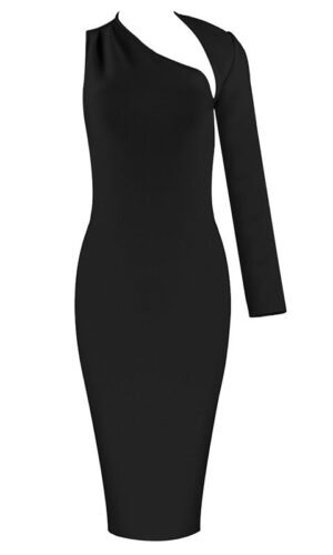 Ilene Black Midi One Sleeve Bandage Dress