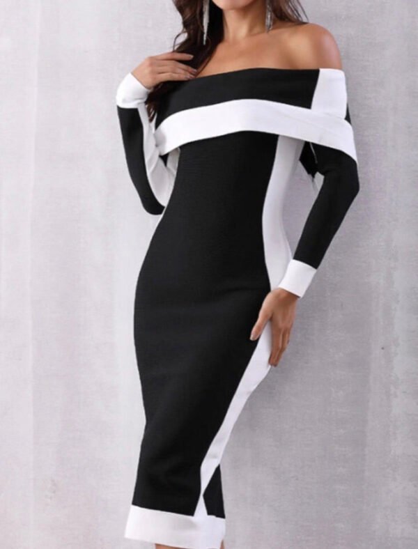 Betsy Black White Off Shoulder Long Sleeve Bandage Dress - Image 6