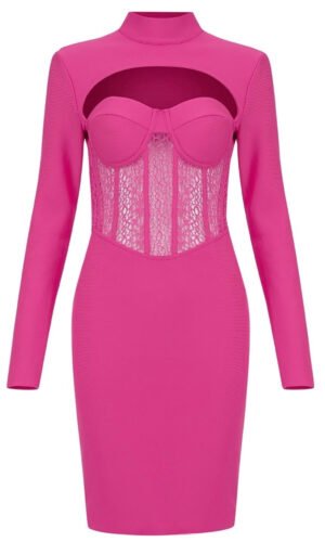 Charlie Pink Long Sleeve Mini Bandage Dress with Lace Details