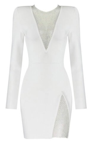 Savannah White Mesh Rhinestone Mini Long Sleeve Dress