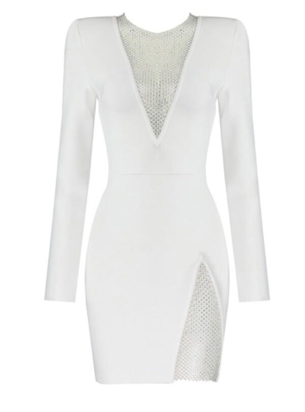 Savannah White Mesh Rhinestone Mini Long Sleeve Dress