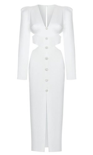 Dionne White Long Sleeve Midi Dress with Cutout Details