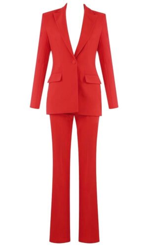 Gianna Red V Neck Long Sleeve Plain Pants Set