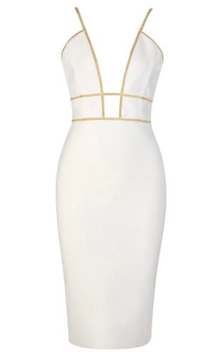 Kimberly White Spaghetti Strap Gold Trim V Neck Midi Dress