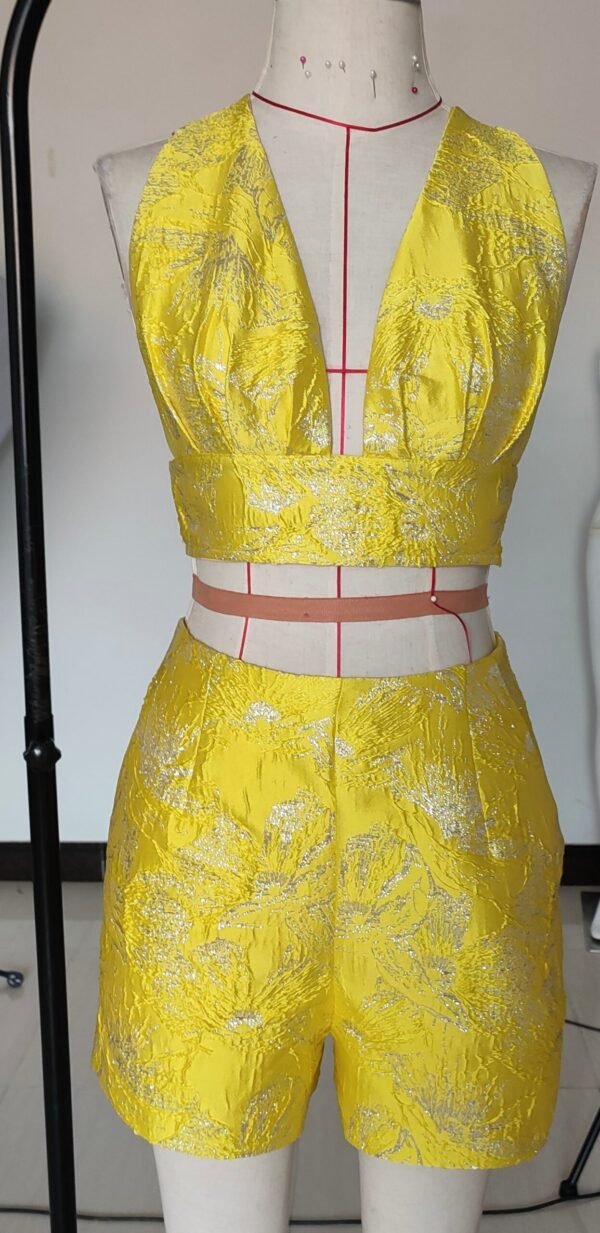 Noelle Yellow Jacquard V Neckline Shorts Suit - Image 12