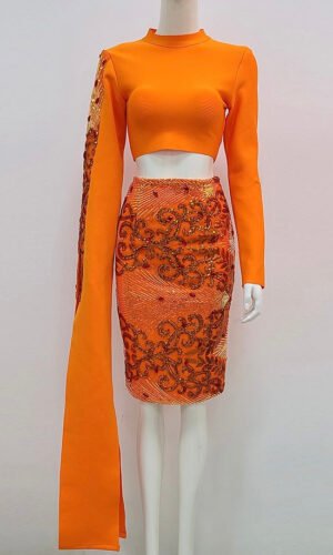 Aliyah Orange Long Sleeve Two Piece Midi Dress