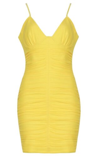 Maya Yellow Bustier Ruched V Neck Strap Mini Dress