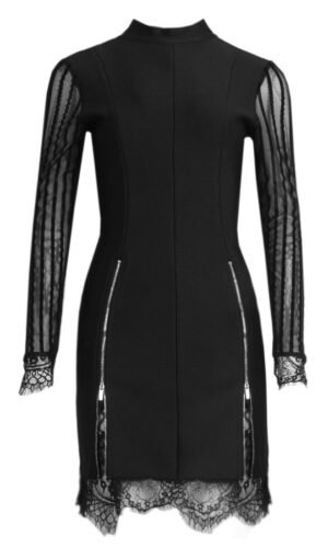 Jocelyn Black High Neck Long Sleeve Mini Lace Dress with Open Back