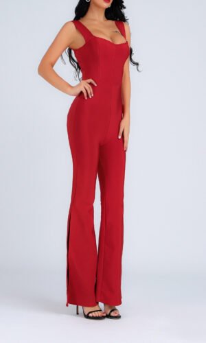 Rebekah Sexy Side Slit Bandage Jumpsuit- Red