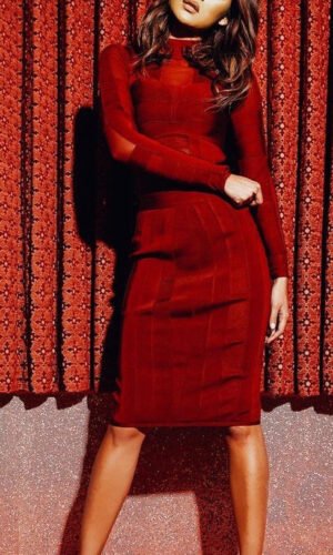 Yula Burgundy Long Sleeve Bandage Dress