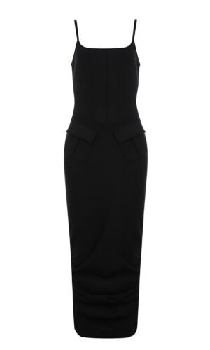 Cali Black Spaghetti Strap Midi Dress with Pocket Detail