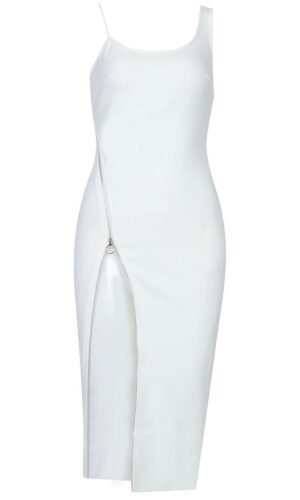 Margot White Asymmetric Dress with Front Zip Detail